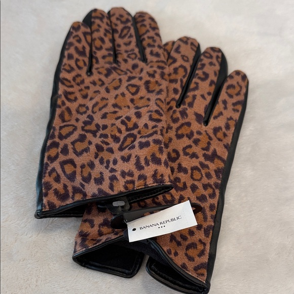 Banana Republic Leopard Print Gloves Tan & Black faux leather palm fleece lined - Picture 1 of 9